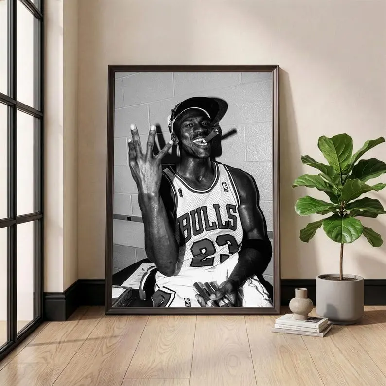 Michael Jordan Poster, Vintage Basketball Print, Chicago Bulls Art, 90s Sports Wall Art, 3 Peat Cigar Print - Poster Print Unframed