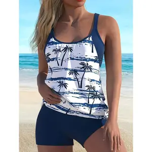 New women's trendy two-piece swimsuit set, featuring a European and American style with hollow-out tropical coconut tree print, suitable for women's beach vacations