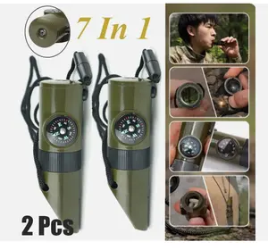 7 in 1 Military Emergency Survival Whistle Compass Thermomet Tools LED Light, Whistles with Compass and Thermometer, High Security with Lanyard for Outdoor Hiking, Camping, Boating, Hunting, Fishing