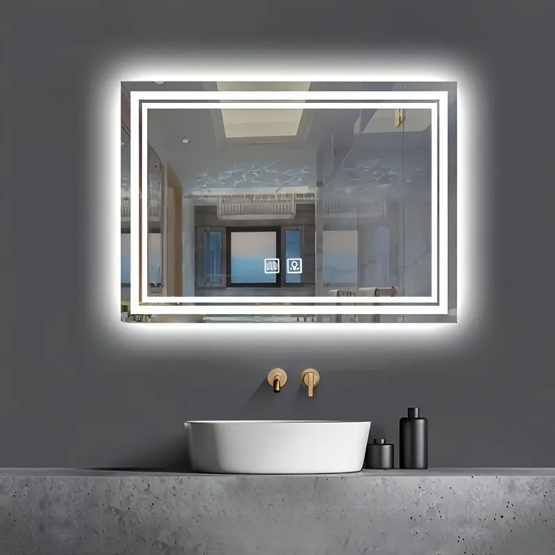 SHAMATE Modern Indoor Smart LED Horizontal Rectangular Glass Bathroom Wall-Mounted Makeup Mirror, 24x16 in, Dual Touch Buttons, Dimmable Brightness Control, Defogging, Polished Vanity Accessory
