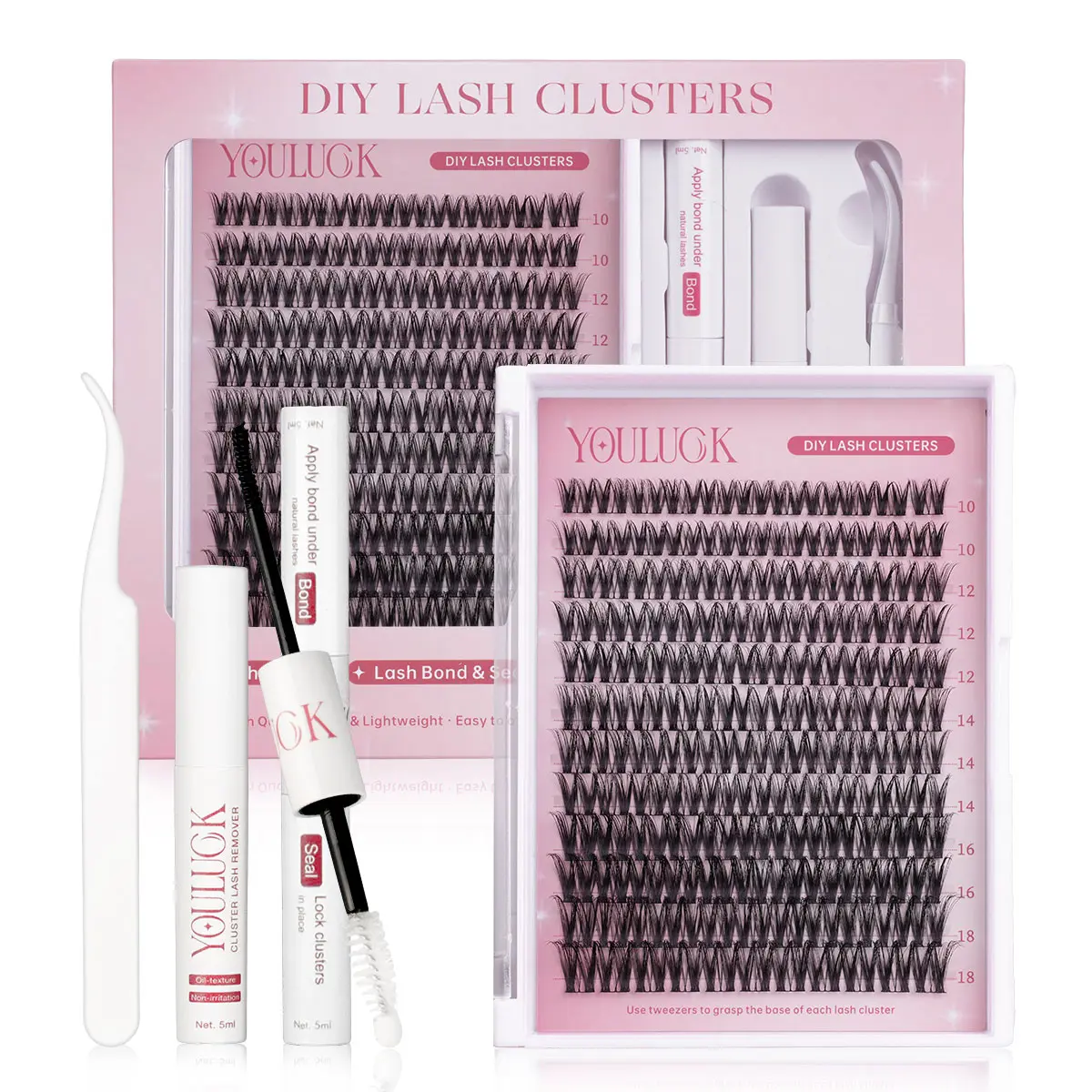 YOULUCK Upgrade 2.0 DIY Lash Clusters Soft Natural Texture Gentle Long Lasting Glue Ultra Thin Band Bond Seal Remover Makeup for Girls Beginner Friendly