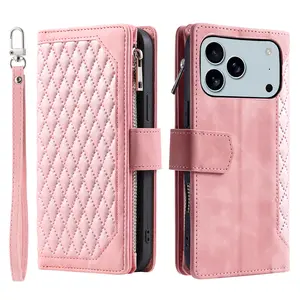 Crossbody Wallet Case for iPhone 17 Pro Max 16 15 14 13 Leather Phone Case with Card Holder Kickstand & Wrist Strap Cover Magnetic Closure Flip Handbag Zipper Purse Shell for Women Men