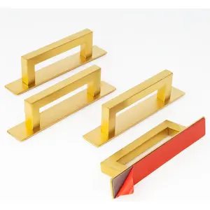 4 Pcs Gold Adhesive No-Drill Cabinet Pulls, Self-Stick Door Handles for Cabinets, Closets, and Glass Sliding Shower Doors
