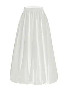 Elastic Waist Pleated Midi Skirt with Pockets, Balloon Style Mid-Length Dress, Casual Sporty Fashion, Versatile Women's Clothing, Womenswear