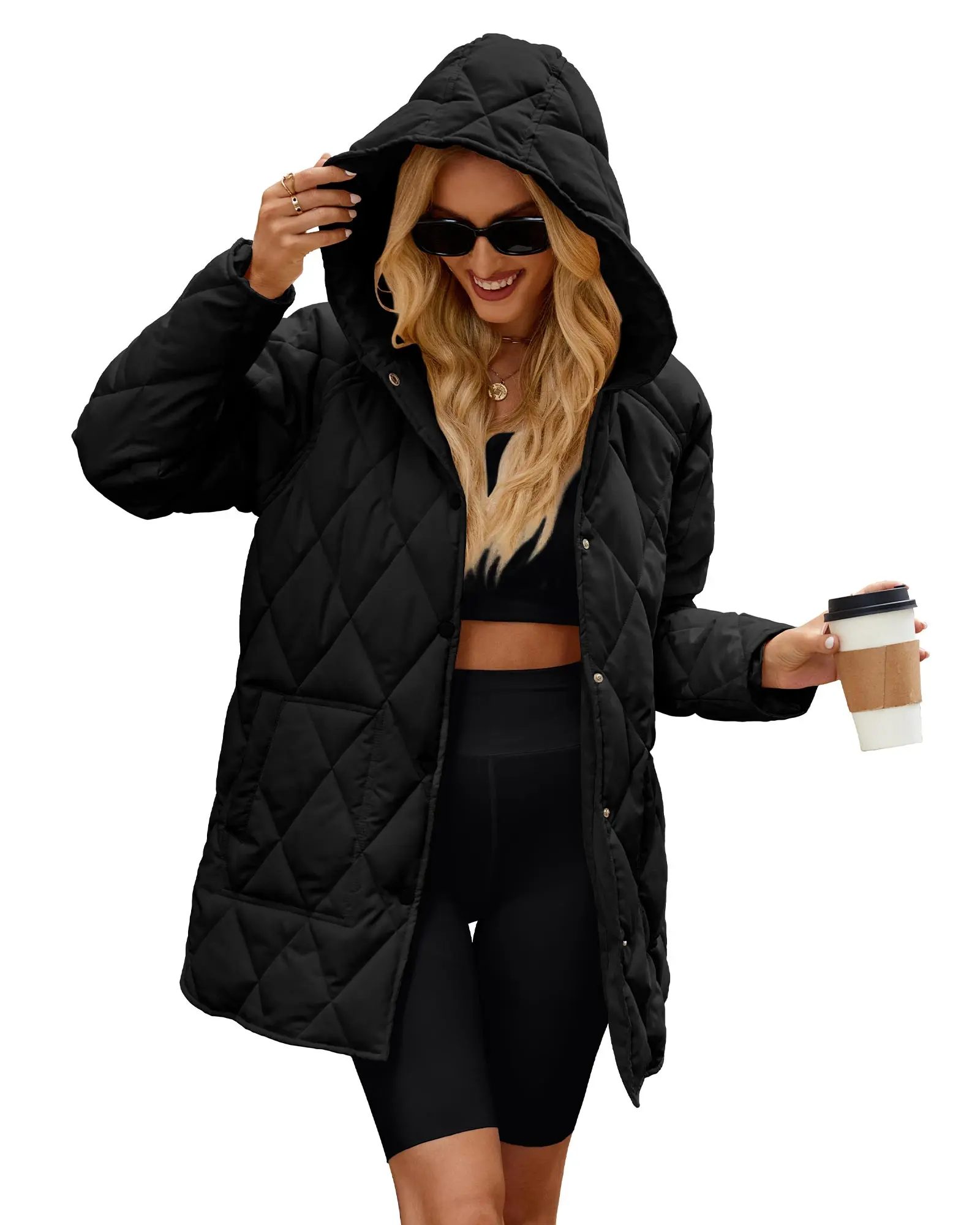 Polu Women's Korean Casual Plaid Down Coat, Comfortable Loose-Fit Quilted Winter Outerwear with Zip-Up and Pockets, Jacket, Longsleeves, Basic, Biker, Everyday, Plaid Cozy Style, Quilted Down Traps Heat For Cozy Days, Cold‑Ready Quilt