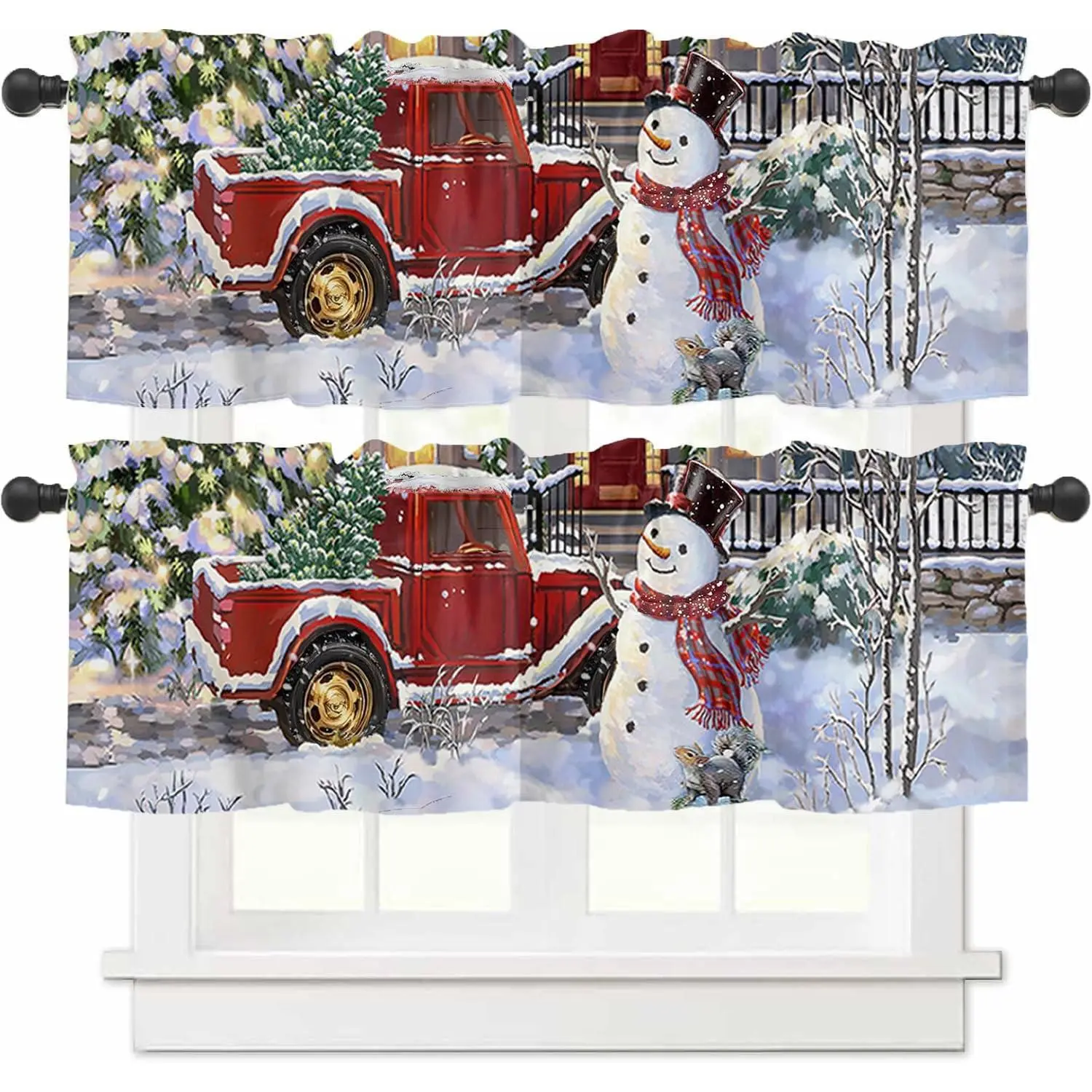Set of 2 Christmas Snowman Window Valance Curtains Winter Holiday Snowflake Xmas Window Treatment for Kitchen, Bathroom, Bedroom, Blue Merry Christmas Rod Pocket Short Curtain, 54x18, Blue White