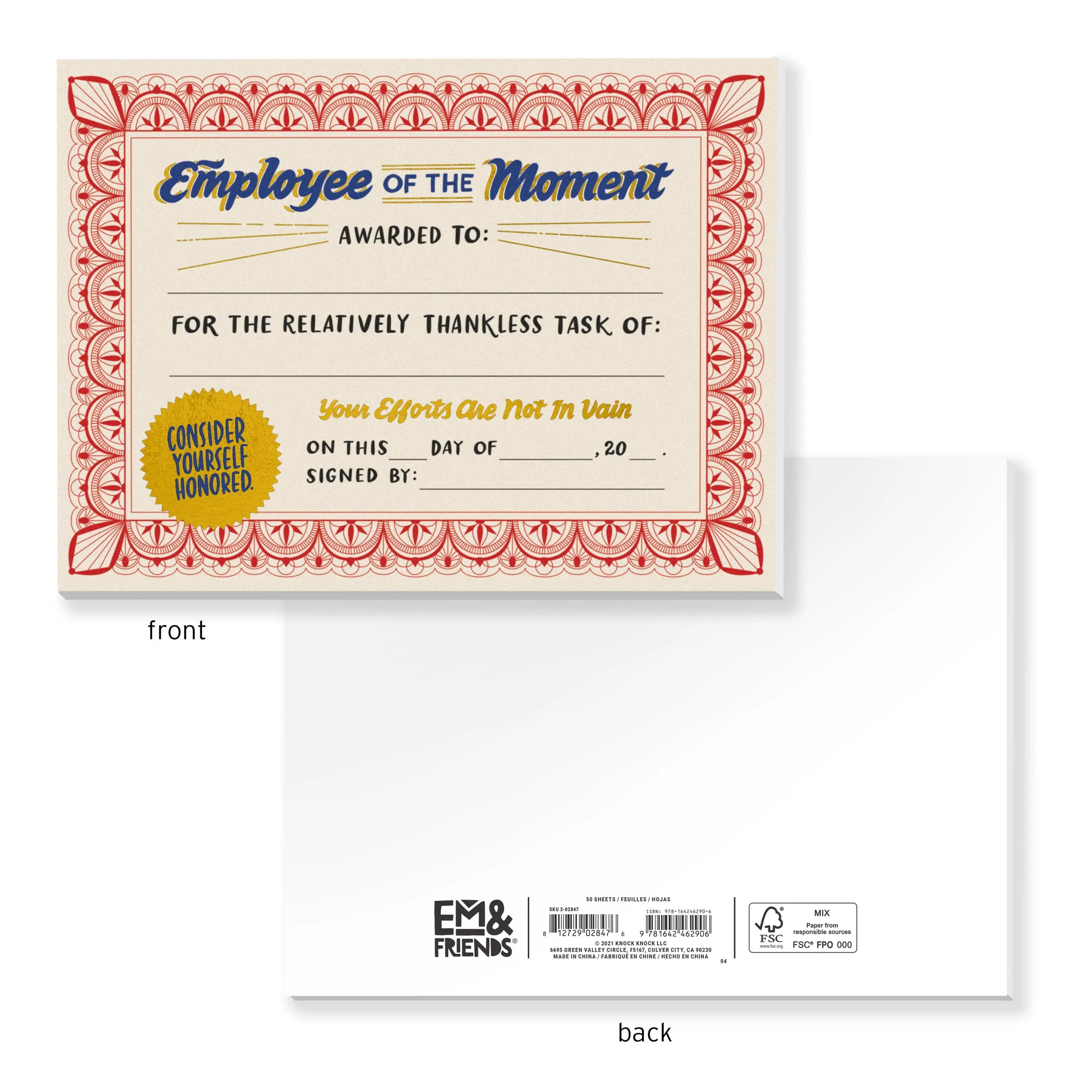 Employee of the Moment Award Paper Certificate Note Pad