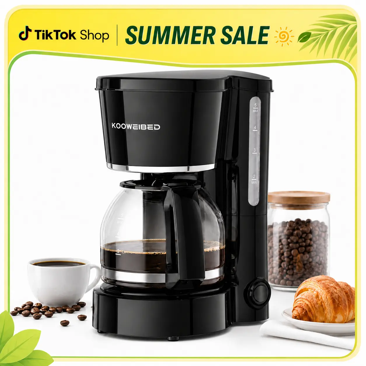 5-Cup 25oz Drip Coffee Maker, Delay Brew, Keep Warm Plate, Auto-Shutoff, Reusable Filter, Overheat Protection, Slim Profile - Ideal for Couples, Home Office Everyday Use