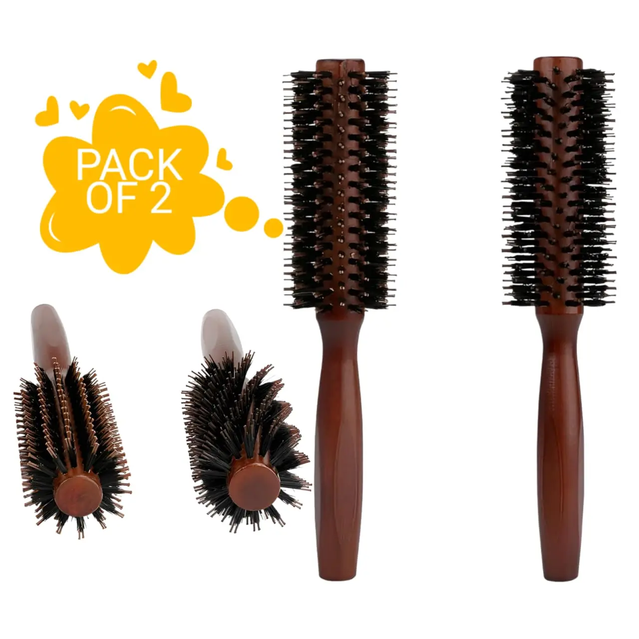 Round Boar Bristle Hair Brush with Wooden Handle for Medium to Long Hair Thick Fine Curly or Straight Enhances Volume and Shine Brown Pack of 2