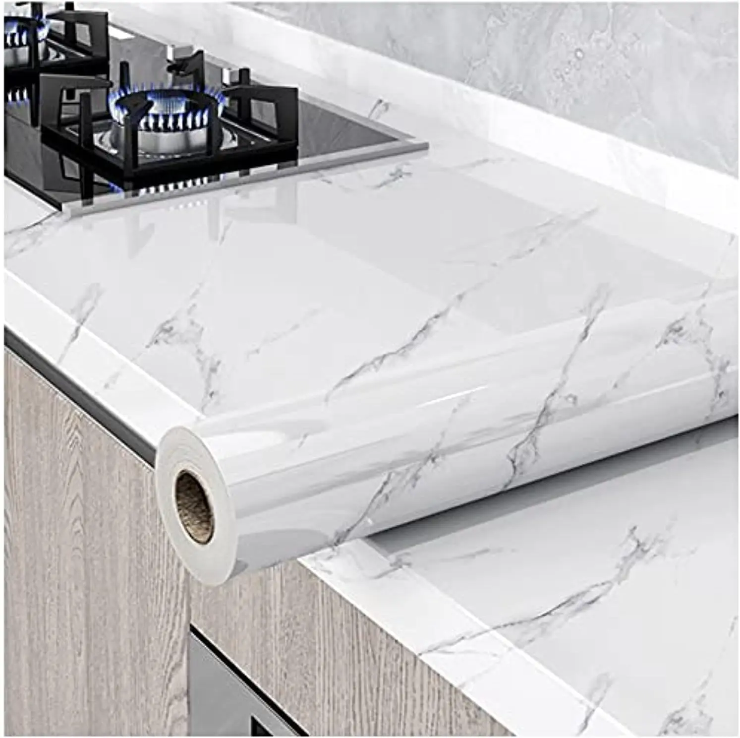 Glossy White Marble Contact Paper, 15.8in×118in Peel-and-Stick Self-Adhesive Removable Vinyl, Waterproof for Kitchen Countertops, Cabinets & Furniture (Home Improvement Wallpaper)
