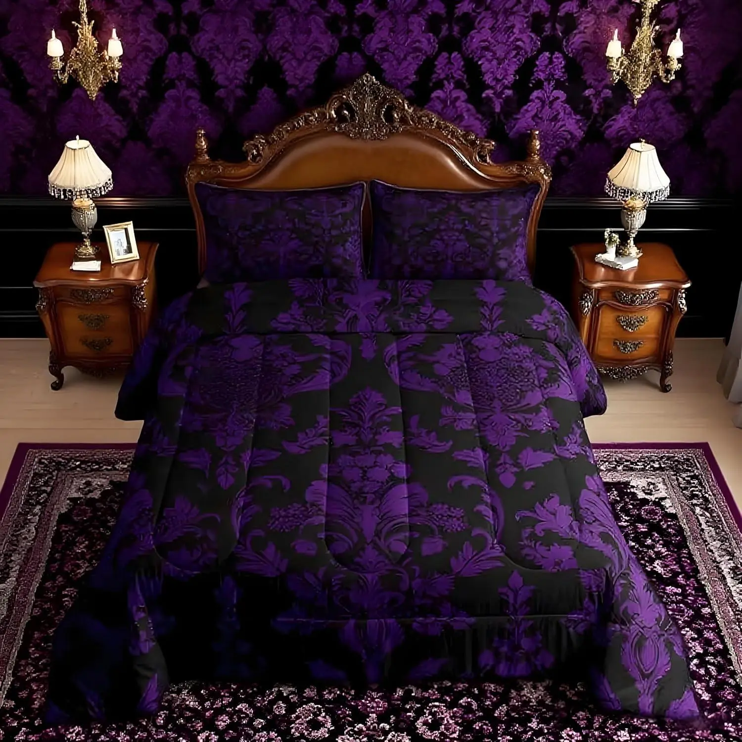 Purple Black Vintage Damask Floral Comforter Set Gothic Bohemia Floral Bedding Set for Boys Girls Bedroom Bed Decor Oriental Antique Comforter Luxury Flower Bed Set for All Season