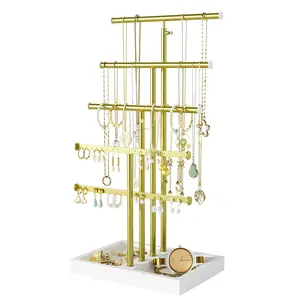 Jewelry Organizer Stand,5 Tier Large Necklace Holder with Metal and Wood Base,Jewelry holder stand Tree for Display,Bracelets Earrings Rings,Height Adjustable White and Gold