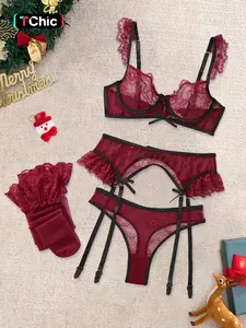 Christmas Five-Piece Set Sexy Fit Lingerie, Adjustable Underwire Bra and Thigh Straps, Romantic Midnight Lace Underwear, Colorblock Design