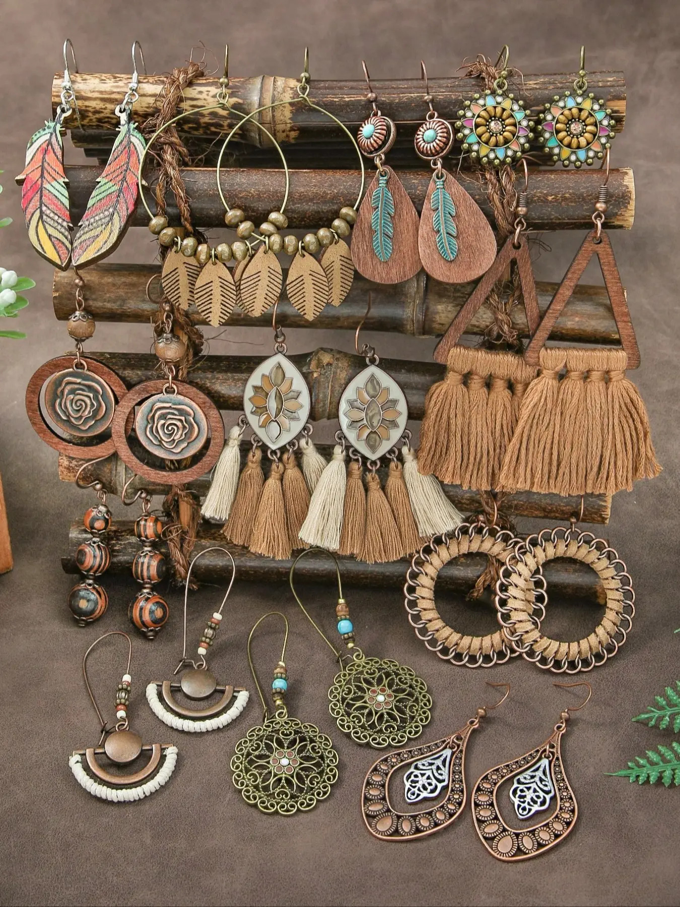 12Pairs Boho Wooden Tassel Earrings Set, Bohemian Earrings, Vintage Ethnic Style Dangle Drop Earrings with Leaf, Floral & Mandala Designs, Copper Tone Jewelry for Women, Daily Wear Party Commute Holiday