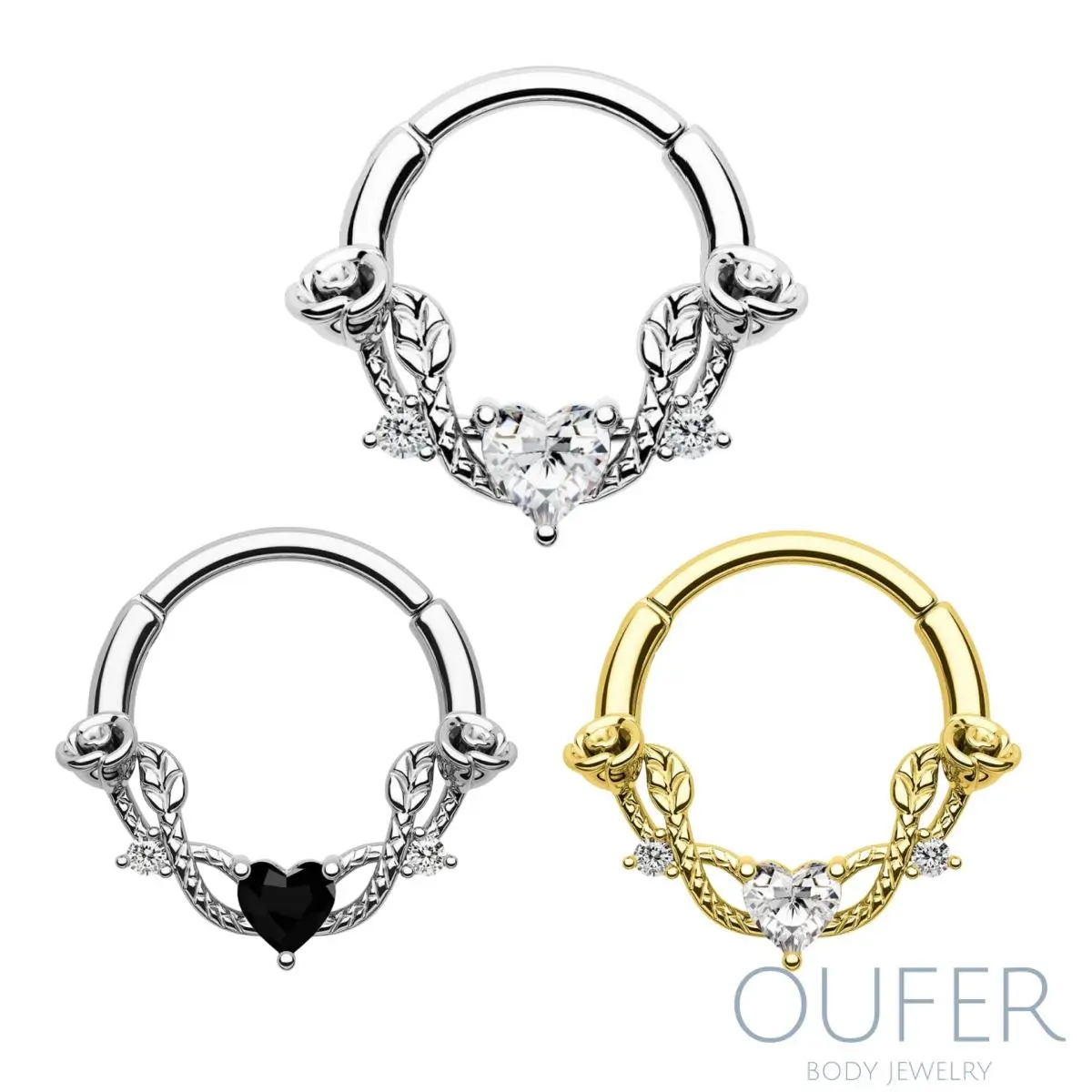 OUFER Female 16G 316L Stainless Steel Elegant Heart Design Segmented Hinged Septum Ring - 8mm-10mm Inner Diameter, Black/Gold/Silver, Body-Safe Nose Piercing Jewelry for Daith, Daily Wear, Everyday, Septum Jewelry, Gold/Silver/Black
