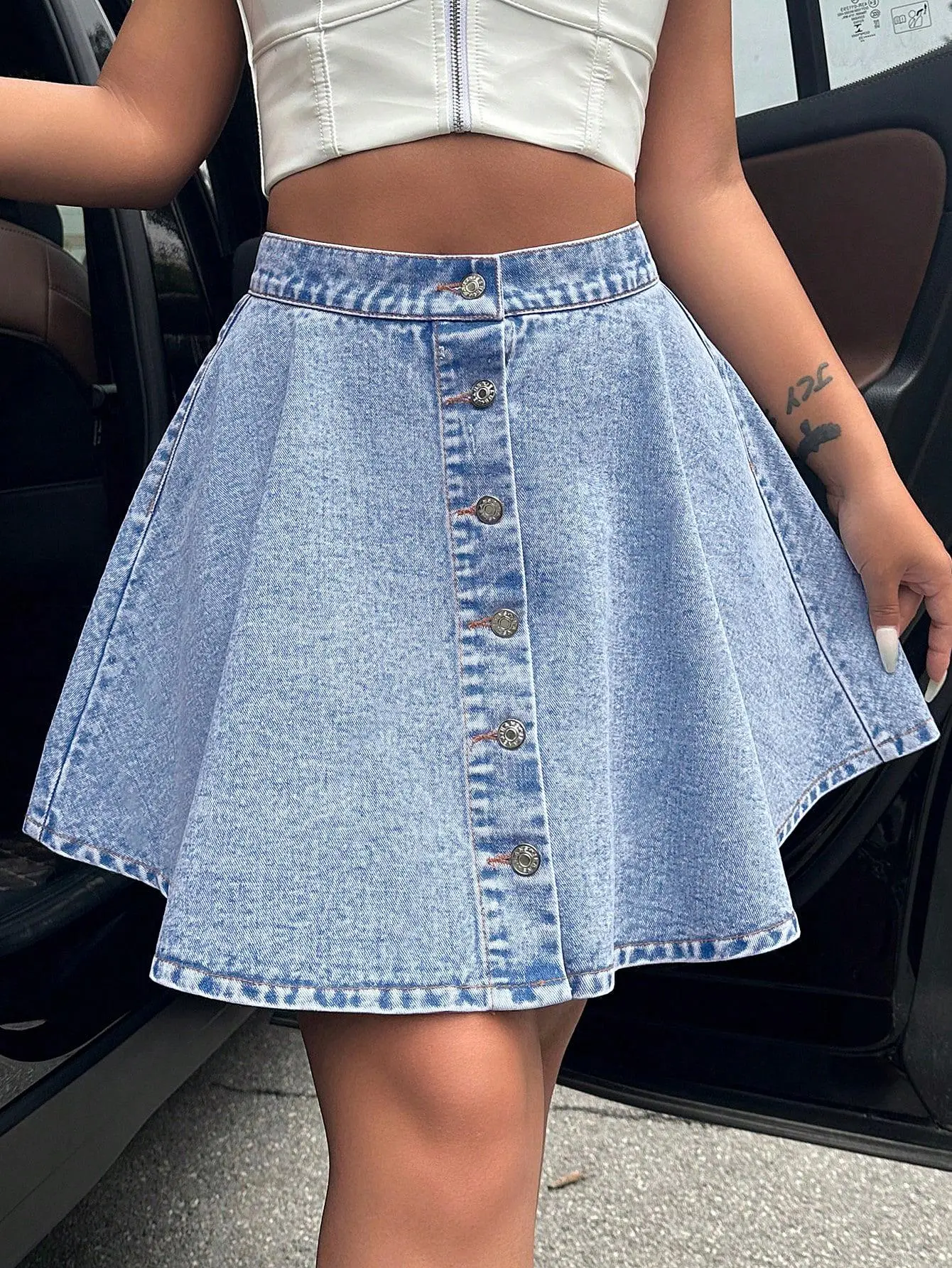 Women's Vintage Denim A-Line Button-Down Slim-Fit Mini Skirt, Comfortable, Slimming, Breathable, Lightweight, Adjustable, Minimalist Womenswear, Back to School Downtown Style, Skirts For Women, Jean Skirt