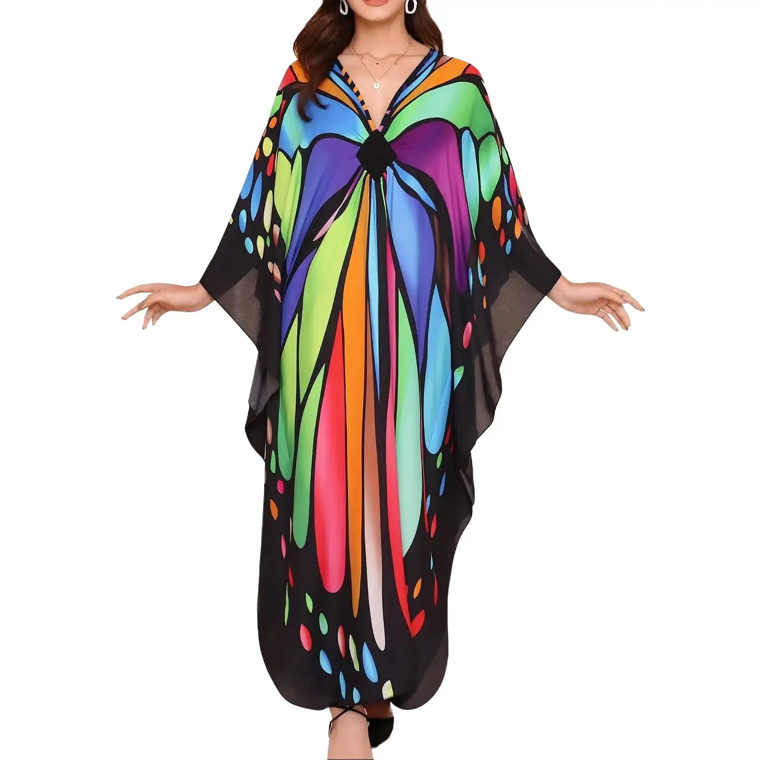 Women's Modest Islamic Kaftan Dress - V-Neck, Plus Size, Batwing Sleeves, Long Moo Moo Beach Cover Up