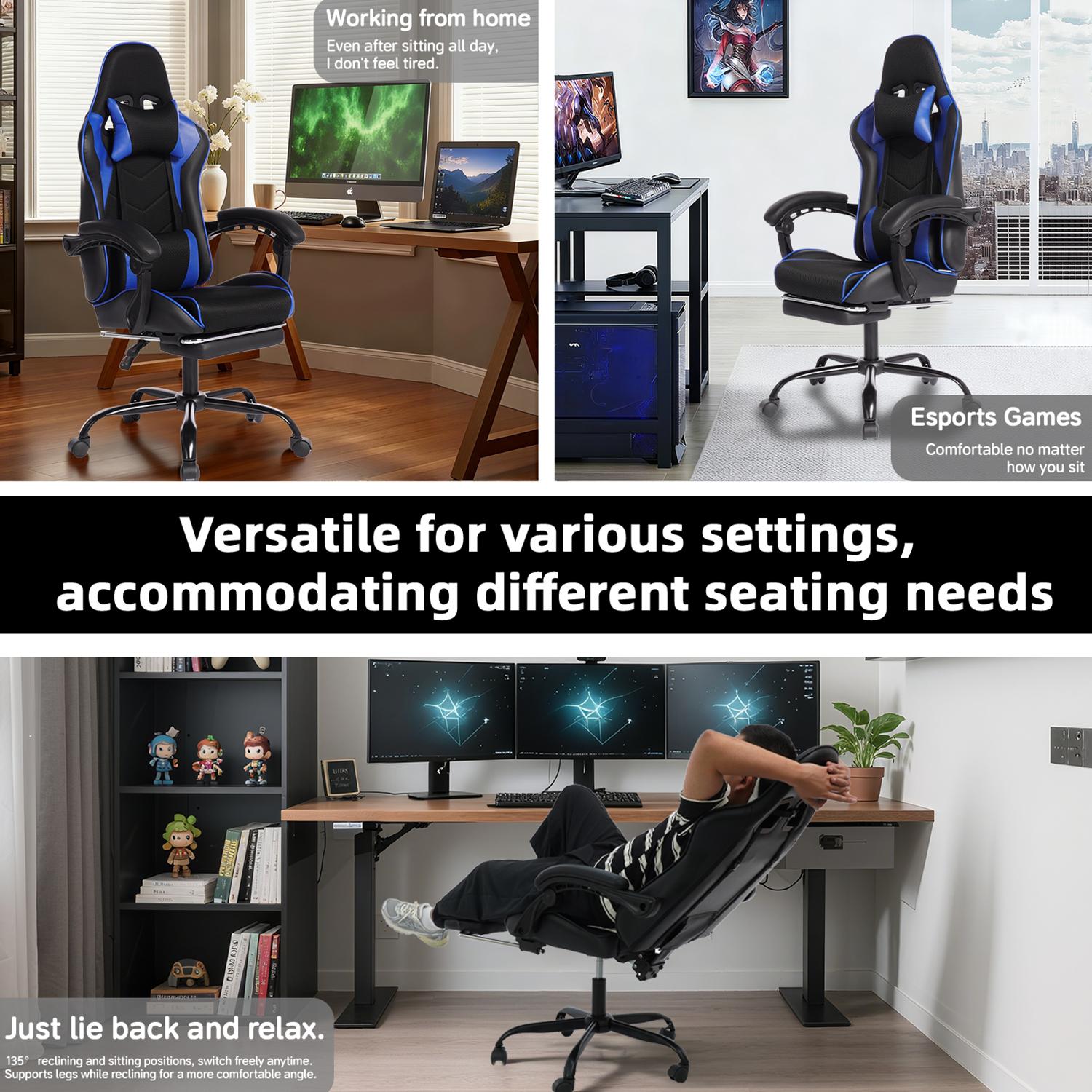 Video Game Chair Gaming Chair with Footrest, Ergonomic Computer Chair with Headrest,Lumbar Support Comfy Chair Recliner with Headrest, Fixed Up Armrest, Height Adjustable with 360° Swivel, for Adults