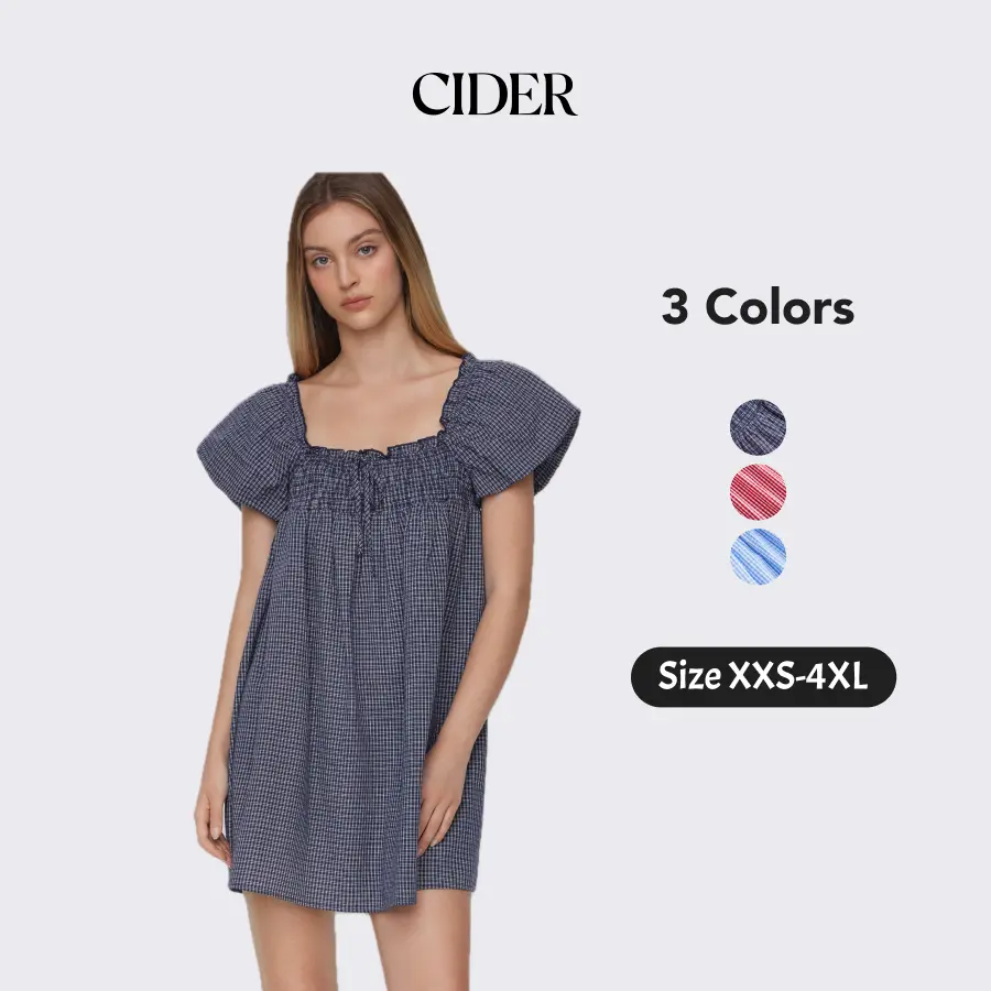Cider Gingham Mini Dress – Smocked Square Neck Puff Sleeve Cotton, Cottagecore Retro Chic Style for Daily Casual Picnic, Summer High Rise Empire Waist Fit-and-Flare Gown SohoChic