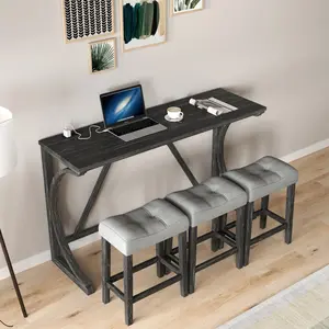4-Piece Counter Height Bar Table Set with Socket and 3 Fabric Padded Bar Stools, Tall Kitchen Breakfast Dining Table Set with Stools