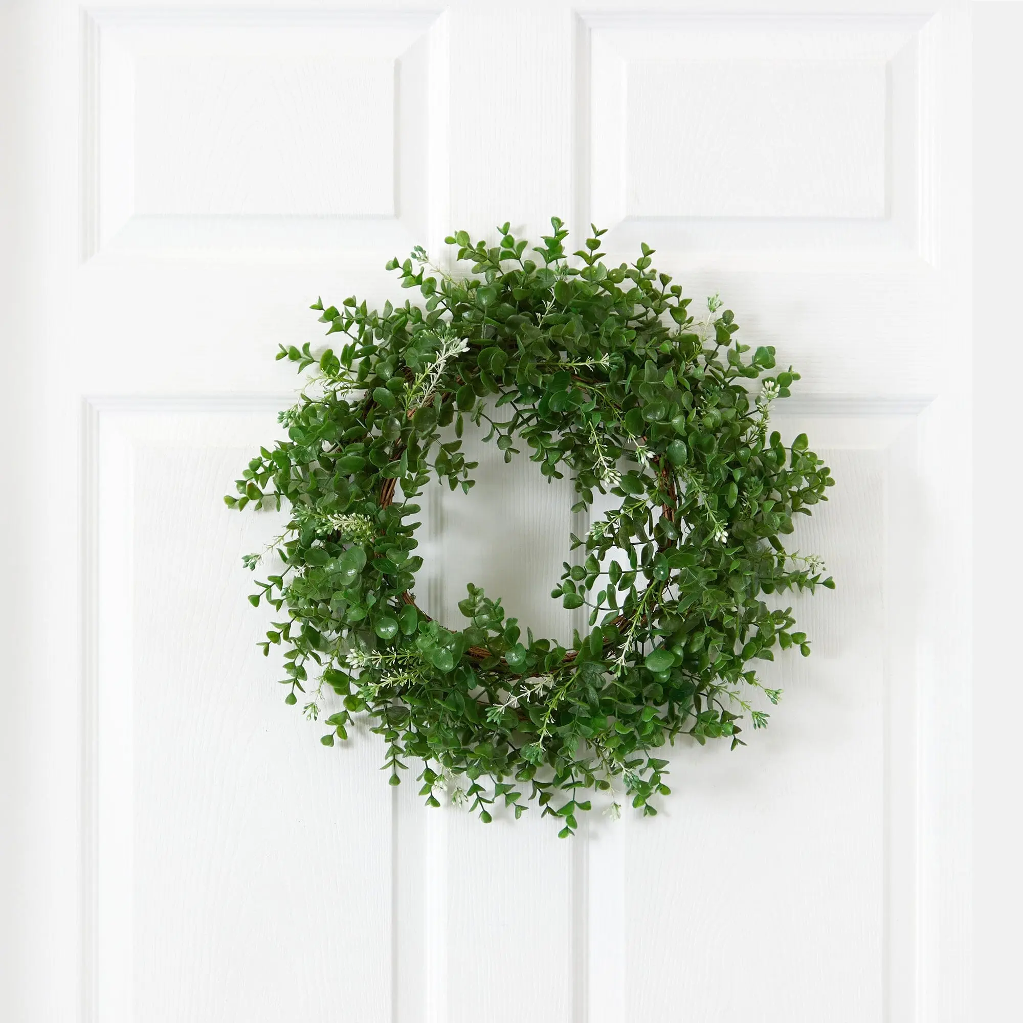 18 in Synthetic Artificial Wreath - Double Ring Eucalyptus Fake Greenery with Twig Base, All Seasons Flora Decor for Home, Entryway Decorative Botanical Aesthetic