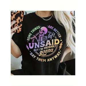 Short Sleeve  T-Shirt's Casual Skeleton Quote T-Shirt -  But I'm Probably Gonna Them Anyway" Graphic Tee, Black with Colorful Lettering, Machine Washable, Round Neck, All-Season Comfort Fit, Playful Graphic Shirt |     Easy Care