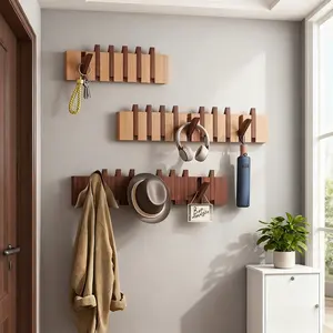 1 Piece Bohemian Style Wooden Piano Key Wall Rack - 6 Foldable Hooks, Easy to Install Wall-Mounted Coat Hook, Foldable Hanging Storage Rack, Wall Mount Organizer for Bedroom, Entrance, Foyer, Mudroom, Beautiful Room Decoration