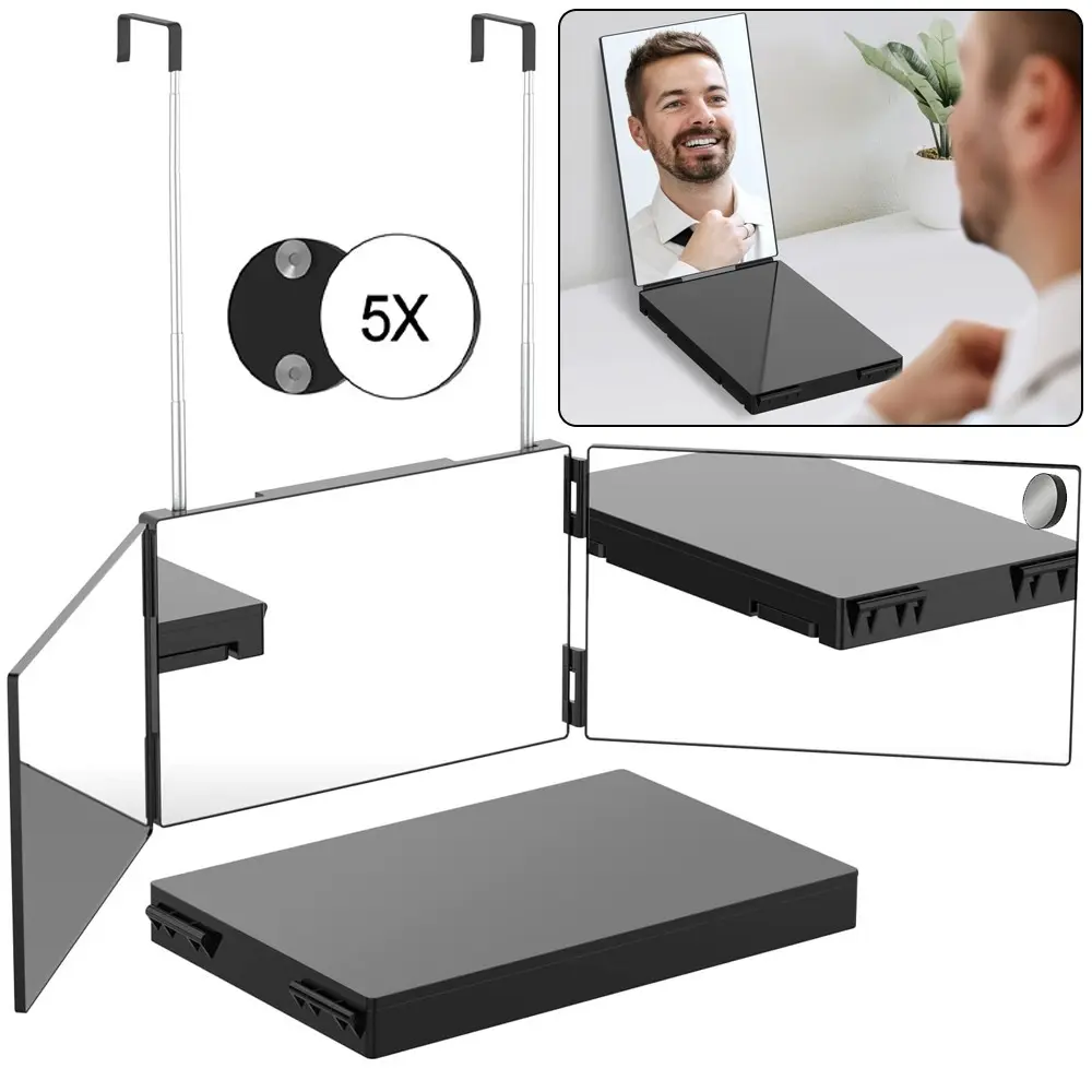 Umitec Adjustable LED Light 3 Way Mirror, Portable Trifold Mirror for Shaving, Grooming, Hair Styling, Dye Hair, Makeup, Braiding, 360 Degree Mirror