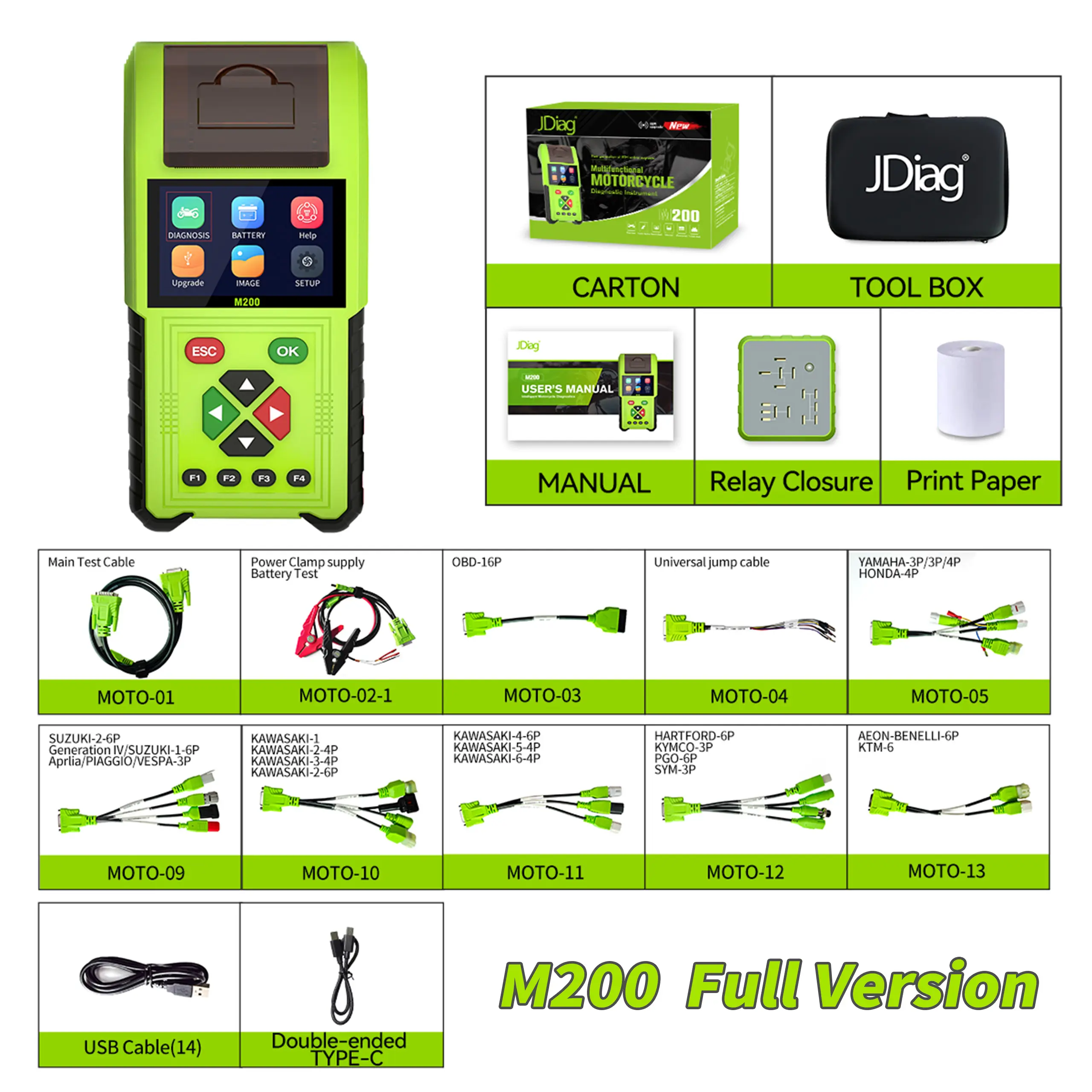 JDiag M200 Universal Motorcycle Diagnostic Tool OBD Scanner with Injector Test Relay & Sensor Signal Simulation Summervibes
