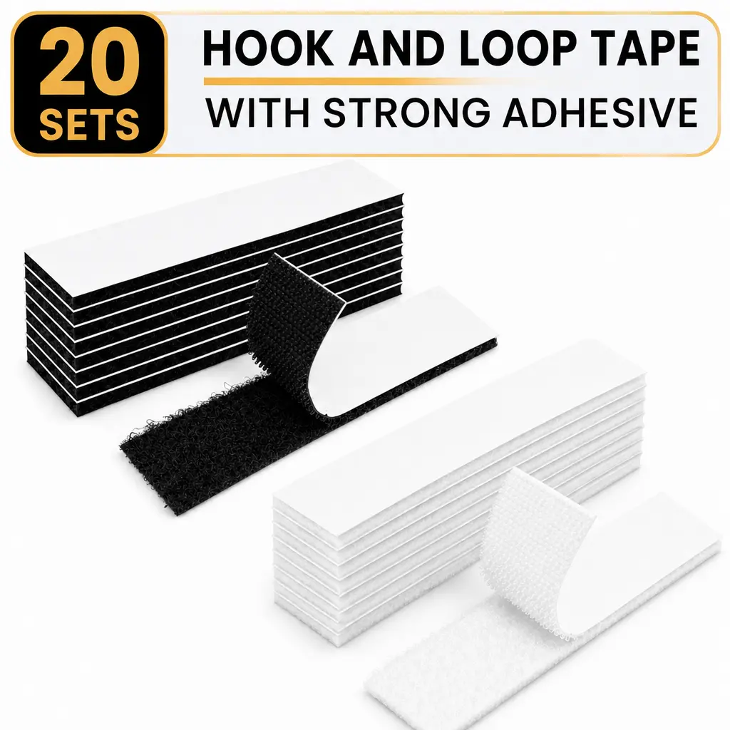 20 Pack- 10Black & 10White Heavy Duty Hook and Loop Tape, 1x3 Inch Double Sided Strong Adhesive Mounting Strips, Reusable Interlocking Fastener Tape for Fabric, Carpet, Rugs & Posters