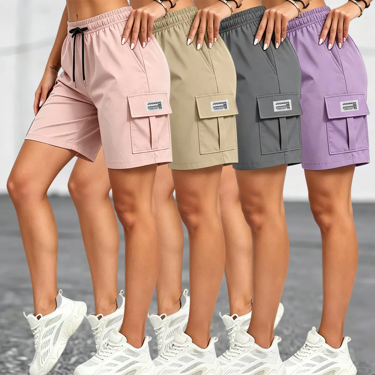 Pack of 4 women’s summer fashion casual solid-color cargo shorts with drawstring waist and pockets, featuring a simple large patch pocket; suitable for outdoor leisure, sports, everyday fashion outfits; women’s clothing, women’s summer apparel.