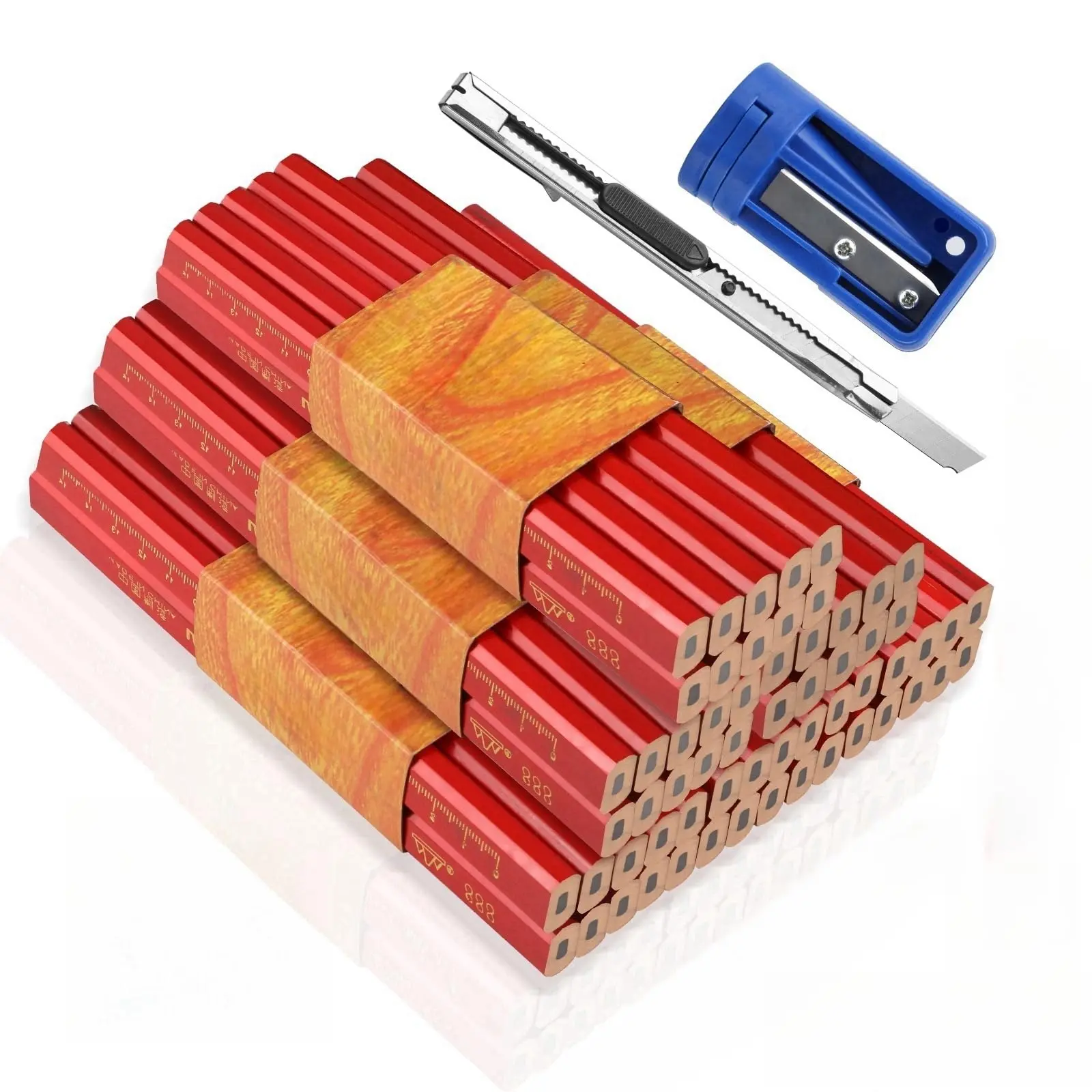 Pack of 60 Carpenter's Pencils,Red Octagonal Pencil,Construction Site,175 mm Thick Core Construction Pencil,Carpenter's Pencil with Pencil Sharpener,Art Knife for Carpentry Drawings,Christmas Gifts,Hand Tools Kits,Summervibes