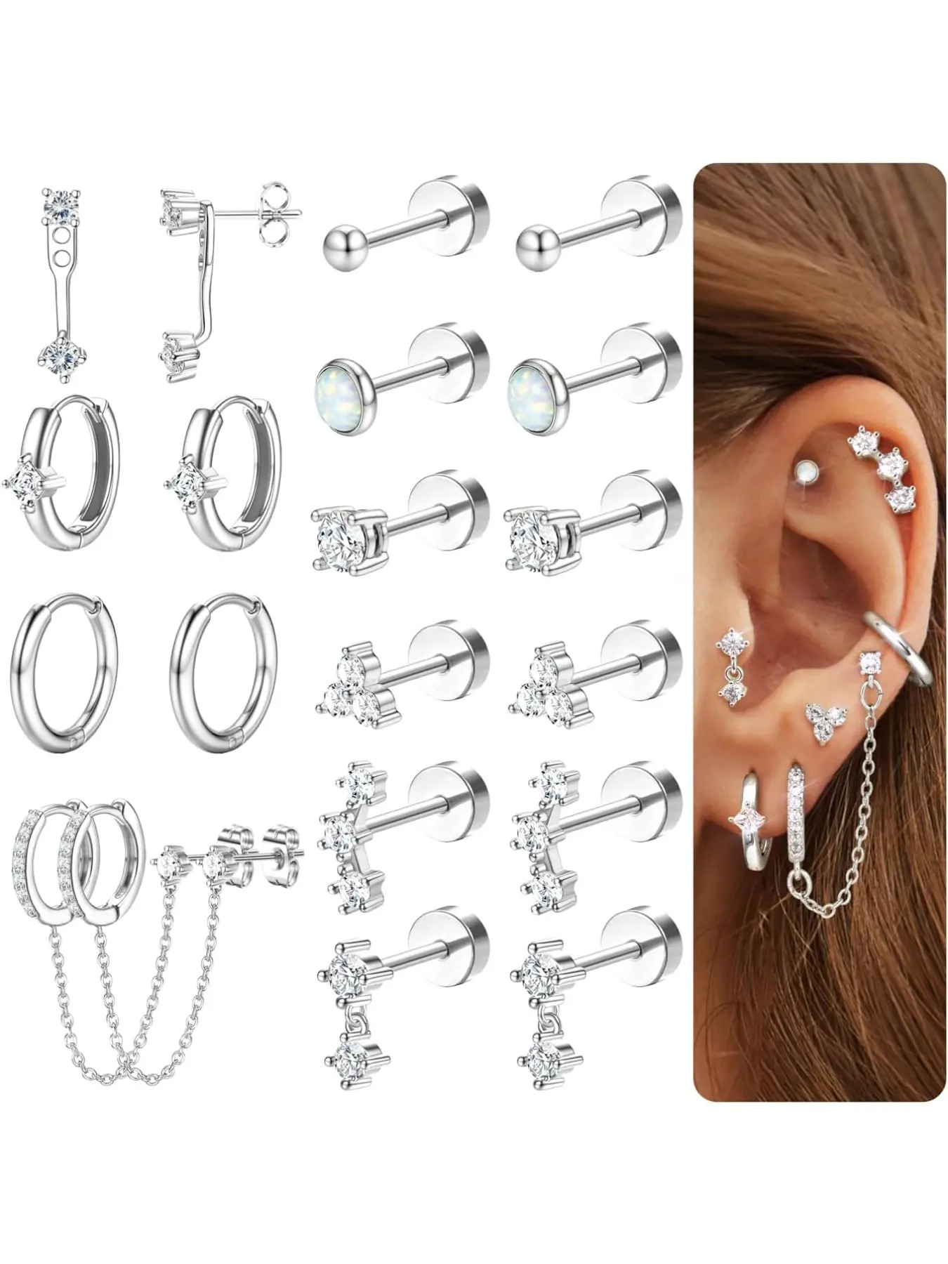 Gold Earrings for Women Hypoallergenic Flat Back Earrings Gold Flatback Studs Stainless Steel Earrings Small Hoops Earring Stacks Anti Tragus Jewelry Cartilage Earring Sets for Multiple Piercing