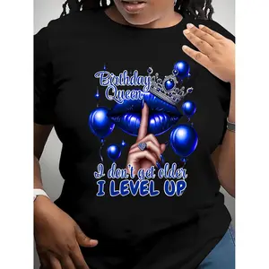 Queen's Birthday Queen Pattern T-shirt, polyester blend, Casual round-neck T-shirt with balloon and lip print, regular length, knitted fabric, suitable for all seasons, Allseason Top| Humorous design | Medium elasticity