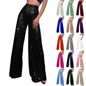 Women’s Fashion Solid Color High Waist Sequined Side Zipper Draped Wide Leg Pants — Women’s Pants