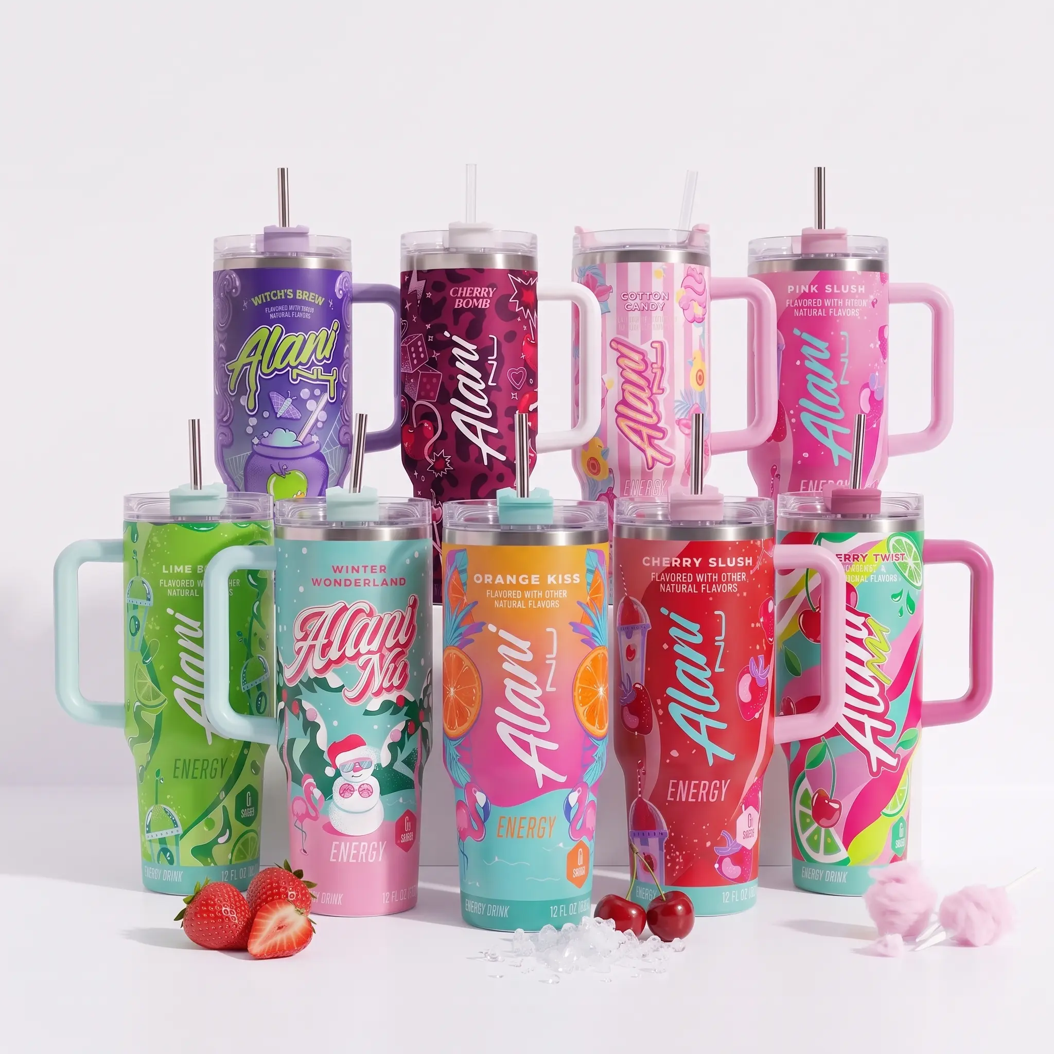 Alani Nu Travel Tumbler Full Color 40/30/20oz, COTTON CANDY, Energy Drink for Extreme Sports Athlete, Watermelon Wave, Strawberry Sunrise, Insulated Travel Mug With Straw Lid Portable Water Bottles Drinkware