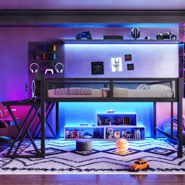 Bellemave Black Metal Gaming Loft Bed - X-Shaped Leg Desk, LED Lights, USB Ports, Staircase, Mesh Guardrail - Space-Saving Elevated Bed for Dorms, Bedrooms