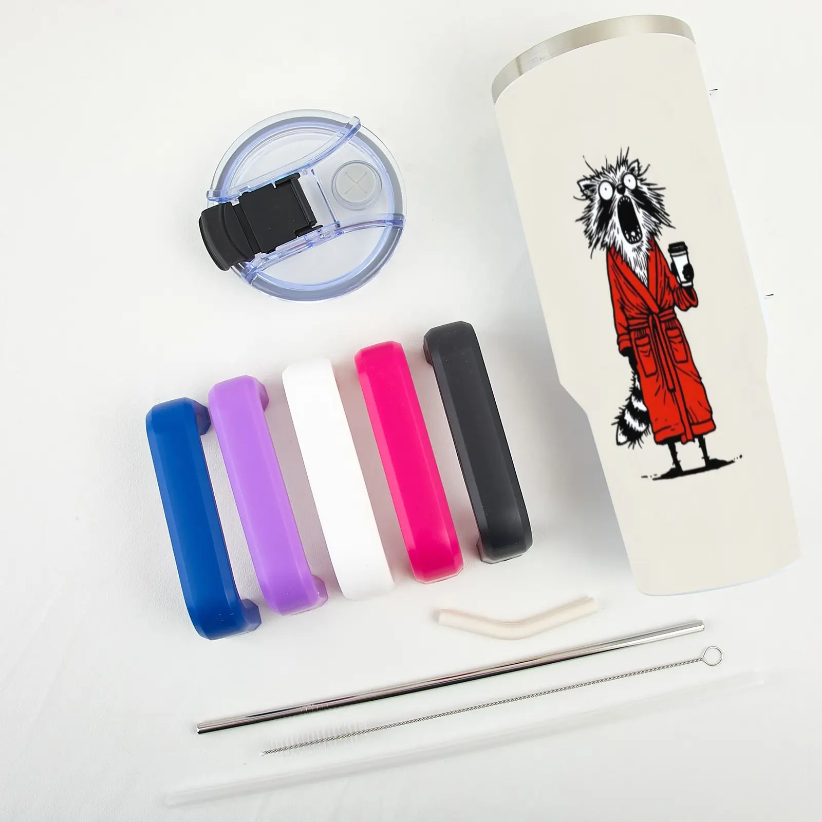 Playful Lifestyle 40oz Insulated Tumbler - Goofy Robed Raccoon Graphic (Cream Background) | Built-in Handle | Leak-Proof | Hot/Cold Beverage Holder