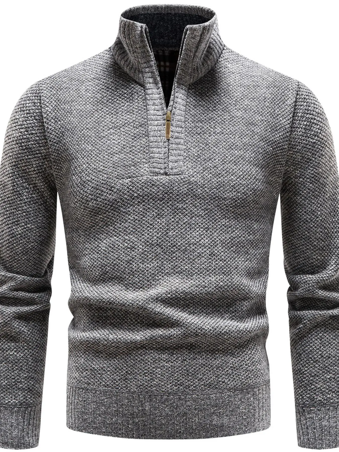 Men's Solid Zip Up Stand Collar Knitted Sweater, Casual Regular Fit Long Sleeve Jumper for Fall & Winter, Fashion Men's Knitwear for Daily Wear, Casual Fitted Pullover