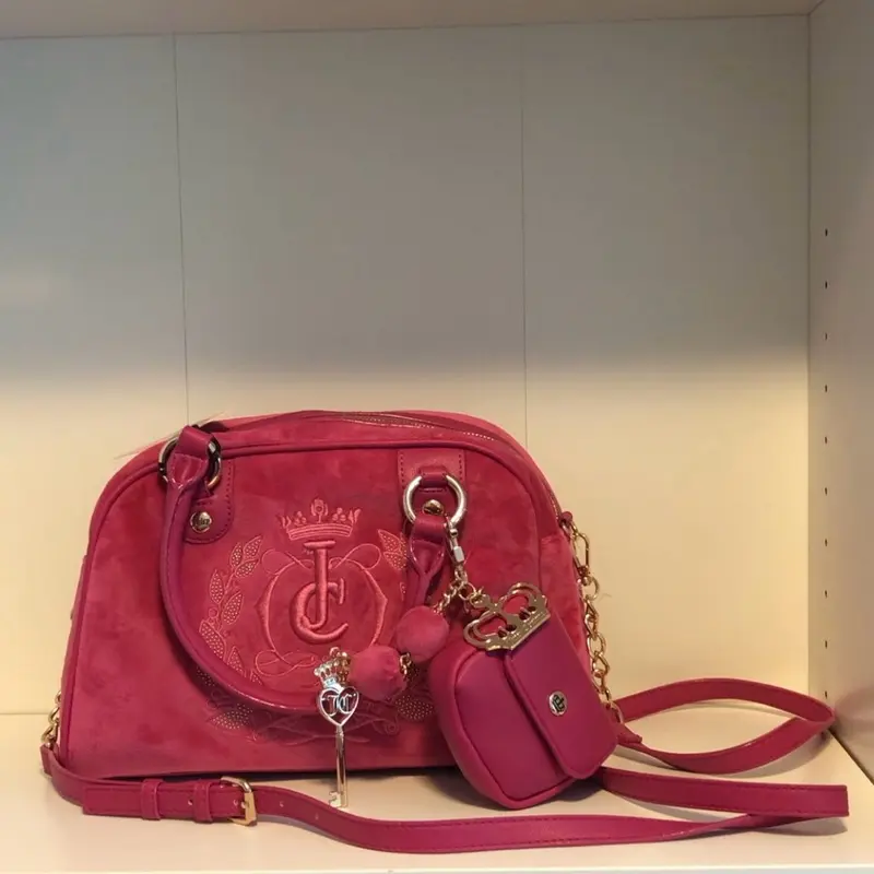 Women's Juicy Couture Sparkle Royal Velour Satchel, Raspberry Tart Color, Zip-Top Closure, 1 Size, Synthetic Material, Casual Style, High-Capacity, Multi-Compartment Handbag