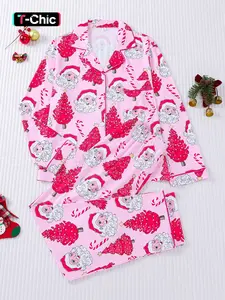 2-piece set of stars, Christmas trees, candy canes, Santa Claus, comfortable Halloween soft Knitted top, small pocket button top, elastic waistband, suitable for all seasons, home, sleepwear, Pajamas, clothing