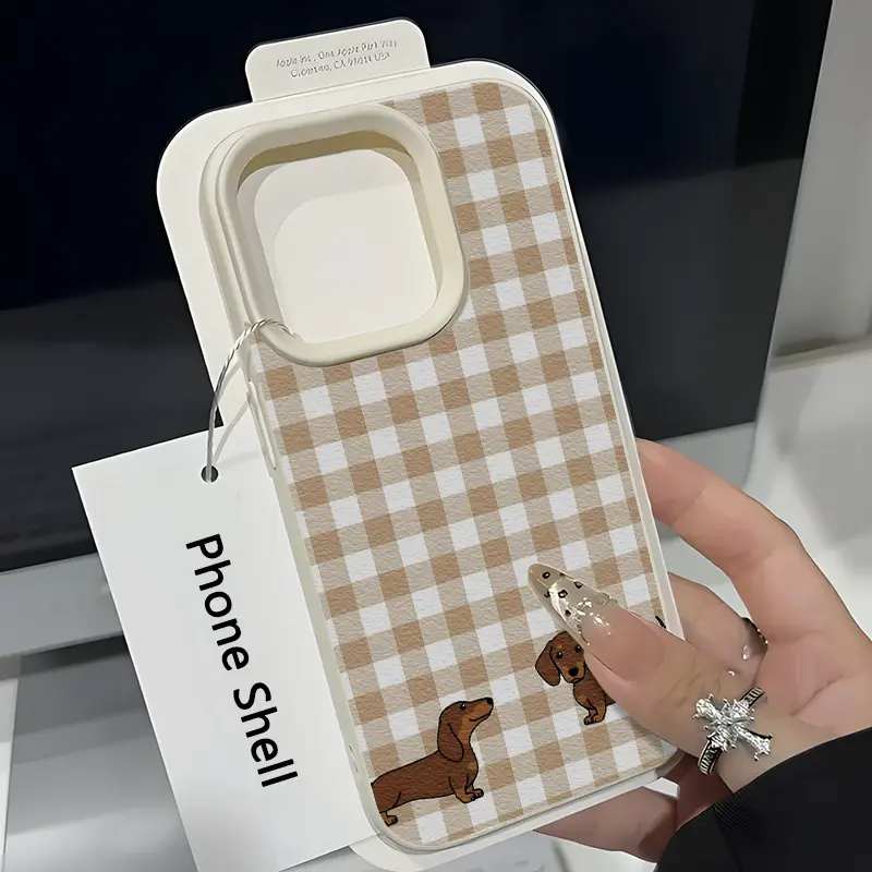This checkered dachshund pattern TPU perforated textured phone case is drop-proof and non-slip, suitable for iPhone 17, 16, 15, 14, 13, 12, 11, XS, X series, and other models. It makes a great gift for friends or family.