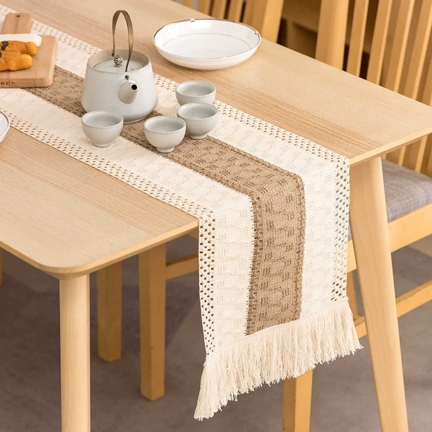 Boho Table Runner 72" x 12" Natural Burlap Table Runner Vintage Rustic Runners for Wedding Bridal Shower Birthday Party Cake Table Decorations