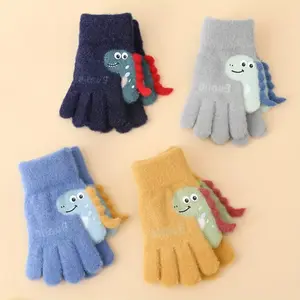 1 Pair of Youngsters's Gloves, Autumn and Winter Warm Plush Five-Finger Cute Cartoon Dinosaur Knitted Mittens for Boys & Girls, 3-7 Years Old