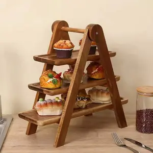 2Pcs Wooden Serving Platter 3 Tier Serving Tray Multi-Function Rectangular Serving Stand Foldable Cupcake Tiered Tray for Wedding Party