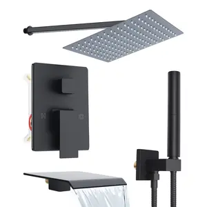 Wall Mounted Rain Shower Faucet System Set with Handheld Rotary Sprayer Head, Changeable Flow Setting Brass Rough-in Valve 12 Inch Large Shower Head Shower Panel Tower System