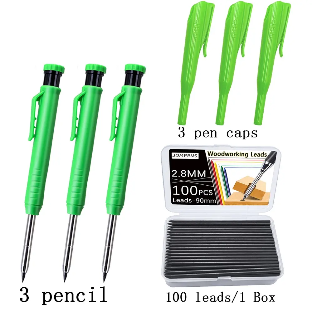 3 woodworking pencils, 100 black pen cores, Woodworking Leads, and 3 2.8mm heavy-duty construction pencils, solid long nose deep hole construction pencils, for on-site use, Long Nose Design, Pen Caps