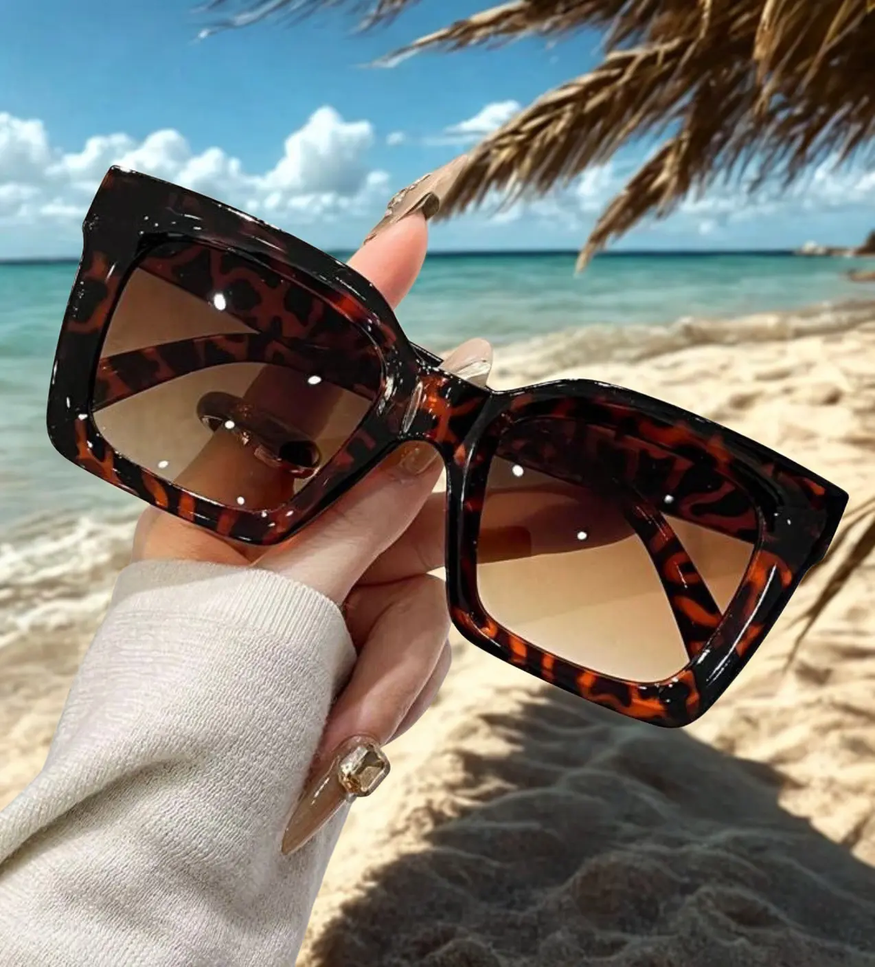 "Oversized Cheetah Print Sunglasses | Boho Square Frame Shades" ️