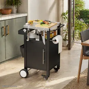 Black ARCH Outdoor Stainless Steel BBQ Grill Cart - Heavy-Duty Home & Kitchen Organizer Storage Rack with Rotatable Lockable Wheels, Cabinet, Installation Kit, Legs, Hooks, Spice Rack for Garden, Patio Use