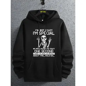 Unisex Men's Skeleton & Letter Print Drawstring Pocket Hoodie, Regular Fit Casual Soft Comfy Long Sleeve Hooded Top for Fall, Men's Clothes for Daily Wear, Halloween, Graphic Print Hoodie